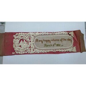 Antique Victorian 1861 Handmade Paper NEEDLEWORK Bookmark - Many Happy Returns..